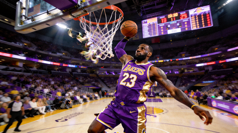 NBA篮球比赛，湖人队球员勒布朗詹姆斯扣篮瞬间